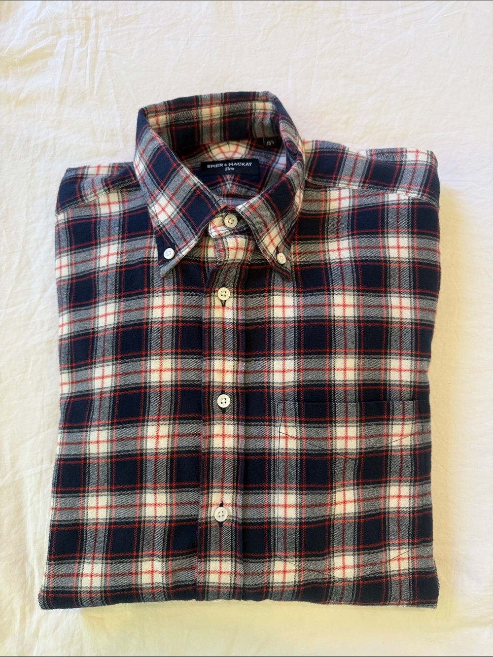Navy and Red Spier & Mackay Plaid Button-Down Flannel Shirt 15.5